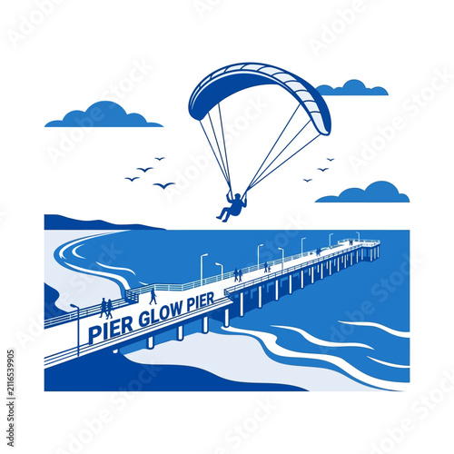 Paraglider Over Scenic Pier Beach Landscape Adventure