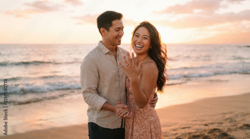 Fototapeta premium Joyful couple celebrates engagement on a tropical beach at sunset