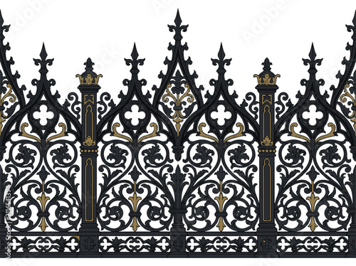 Intricate Gothic Wrought Iron Fence Ornamented with Gold Details