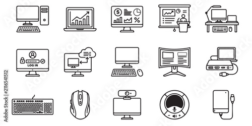 Foto Computer Workstation and Office Technology Equipment Vector Line Icons Set for D
