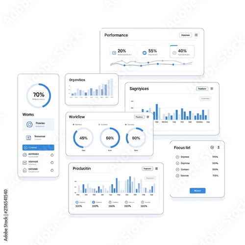 A collection of digital dashboard interface screens displaying various data analytics and performance metrics.