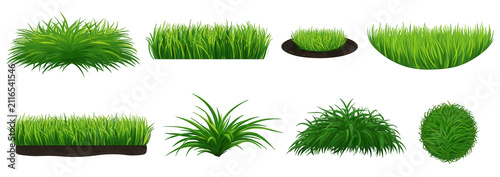 Set of green grass illustrations. Isolated patches of lawn turf for landscape design.