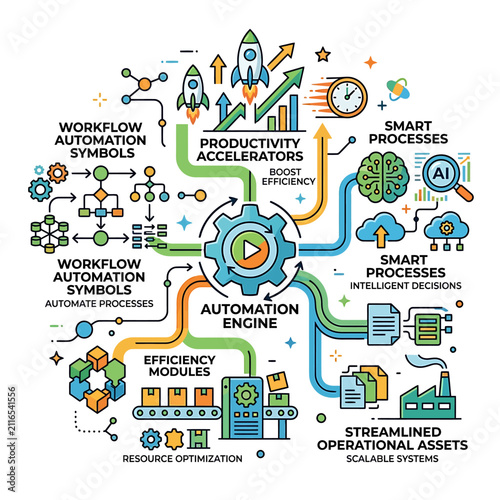 Infographic illustration of an automation engine and workflow optimization processes.