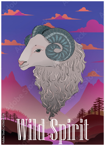 Ram Portrait Vector Poster Wild Spirit Mountain Landscape