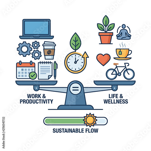 A conceptual illustration depicting the balance between work productivity and life wellness.