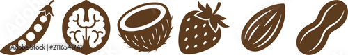 Collection of six simple brown monochromatic icons representing a pea pod, walnut, coconut half, strawberry, almond nut, and a peanut on white background.