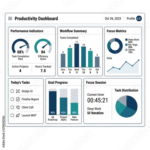 A comprehensive digital productivity dashboard displaying various performance metrics and task management data.