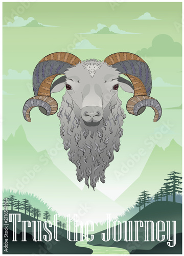 Ram Portrait Vector Poster with Mountain Landscape