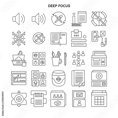 A collection of thin line icons representing deep focus and productivity concepts.