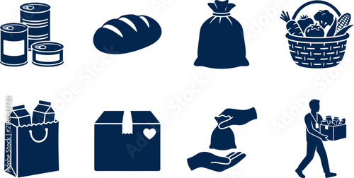Set of food donation icons, including canned goods, bread, sack, basket of vegetables, grocery bag, box, and volunteer