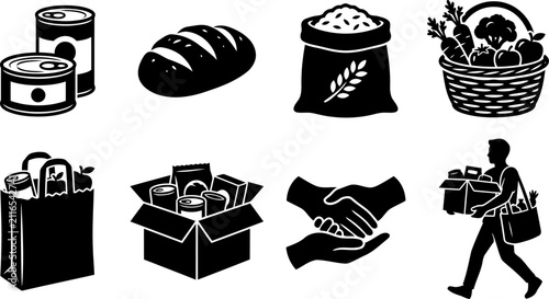 Food donation and charity icons set, including canned goods, bread, grains, fresh vegetables, grocery bags, and volunteer help