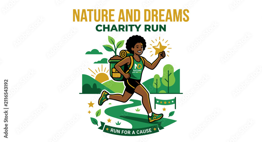 Fototapeta premium Nature And Dreams Charity Run Event Illustration With Star Achievement