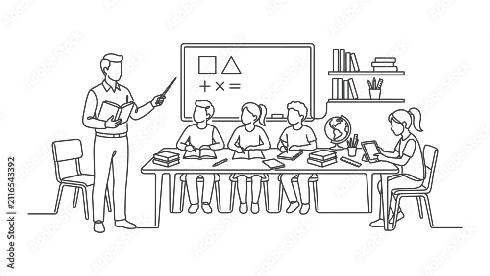 Obraz premium Classroom learning scene with teacher instructing students at desks