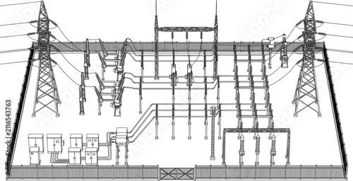 Quadro su tela Isometric line art illustration of a high voltage electrical substation and powe