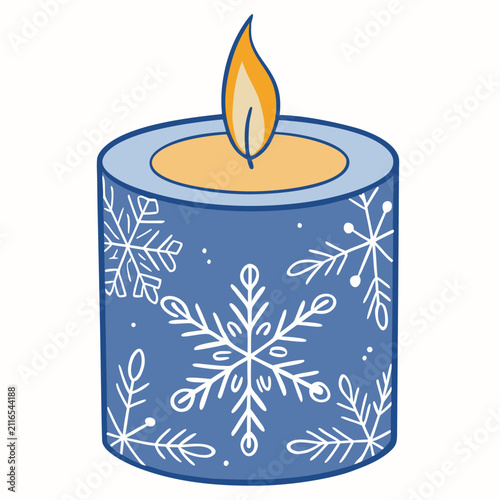Blue Christmas candle with flame and snowflake design isolated on white background.