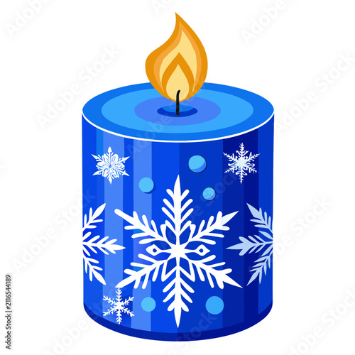 Blue Christmas candle with snowflakes and flame, isolated on white background. Festive winter holiday illustration.