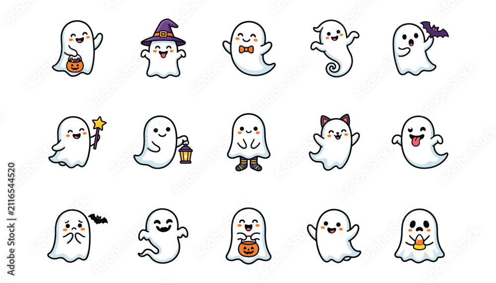 Fototapeta premium Set of cute hand drawn ghost characters for halloween celebration featuring various funny expressions and festive holiday accessories