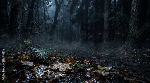Multiple pairs of glowing yellow eyes watch from the shadows of a dark, foggy autumn forest covered in wet leaves.