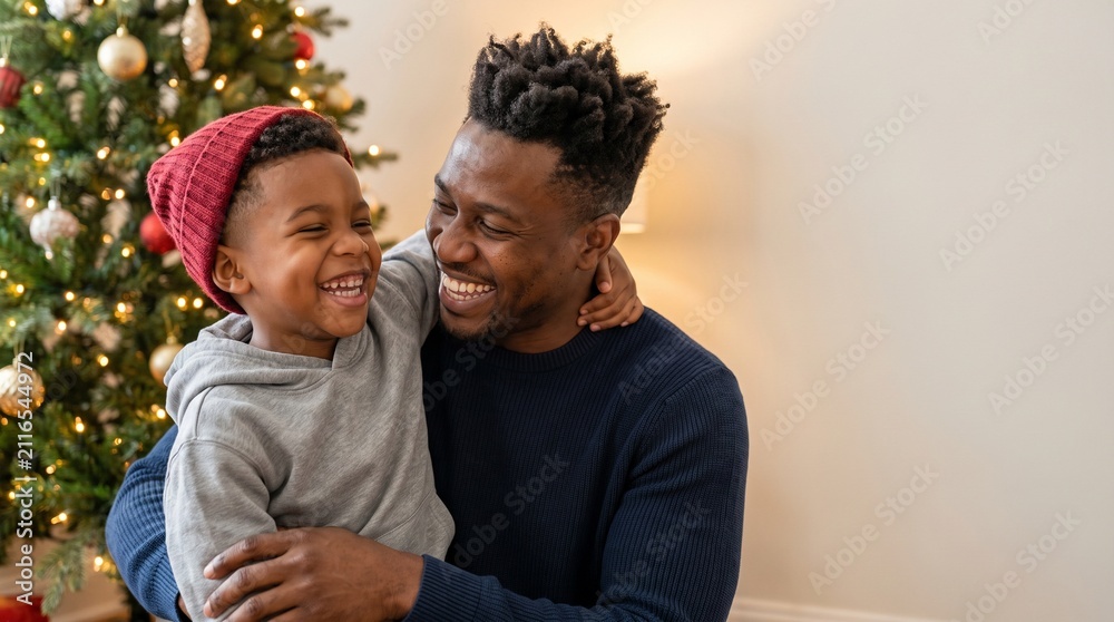 Fototapeta premium Happy african american father embracing young son wearing red beanie hat near christmas tree. Laughing black dad hugging boy enjoying festive winter holidays together at home with copy space.