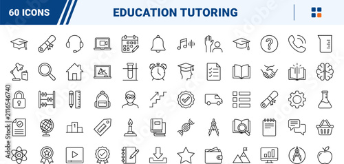 Education and tutoring line icon set. Vector pictograms of learning, teaching, study, and academic elements, thin linear illustration.