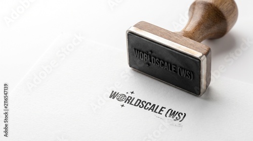 Vintage wooden rubber stamp with Worldscale WS logo, professional branding identity on white paper, corporate office stationery mockup