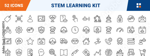 Robot teaching app line icon set. Vector pictograms of tutor, education, stem, and learning elements, thin linear illustration.
