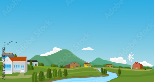 A charming village view with a bridge in the summer season.