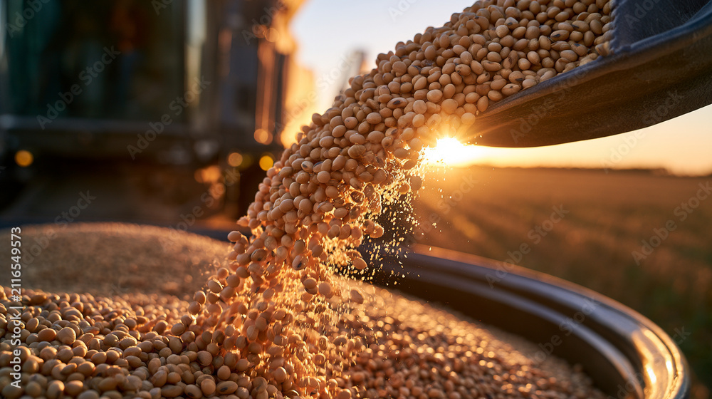 Fototapeta premium Soybean harvest pouring grain into trailer at sunset