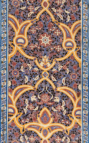 Islamic ornamental mosaic with golden arabesque pattern, mosque interior, Doha, Qatar