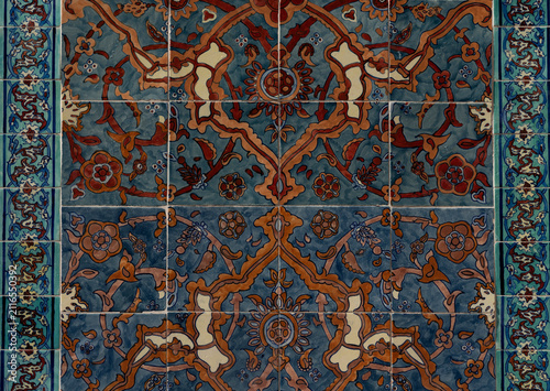 Islamic ceramic tile mosaic with floral arabesque pattern, mosque interior, Qatar