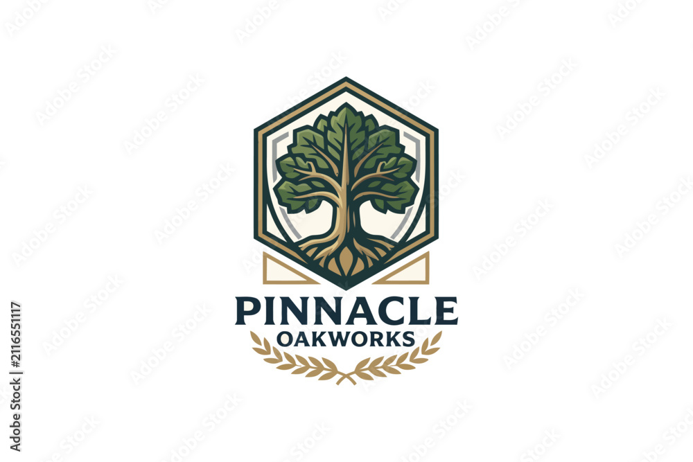Obraz premium Hexagon Oakworks Tree Logo Vector Template