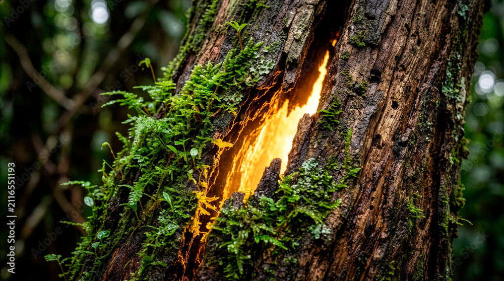 Obraz premium Light in the Tree Trunk Crack: A striking visual of a tree trunk with a deep crack glowing with an inner light, surrounded by vibrant green moss and lush foliage.