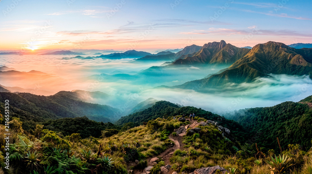 Obraz premium Majestic mountain range at sunrise, with clouds blanketing the valleys below, creating a breathtaking panorama. The sky is painted with warm hues of orange and pink.