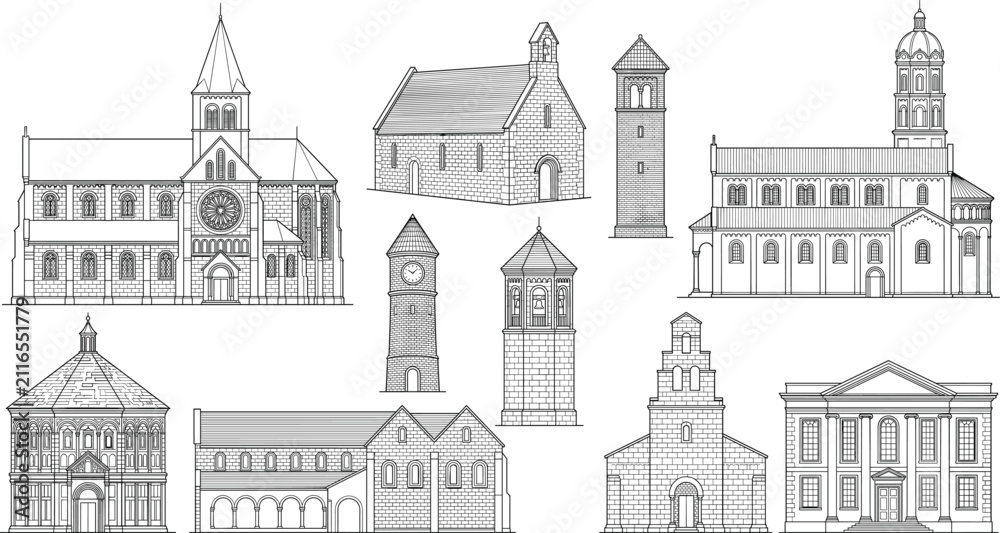 Fototapeta premium Historic Church and Cathedral Architecture Collection with Medieval Towers and Classical Building Vector Set