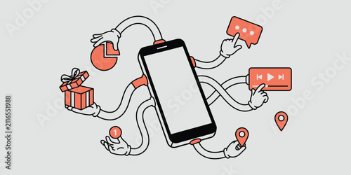 Smartphone vector illustration showing robotic arms holding various application icons for multitasking concept