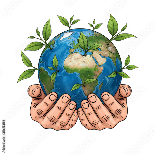 Hands holding a blue earth globe with green leaves pixel art