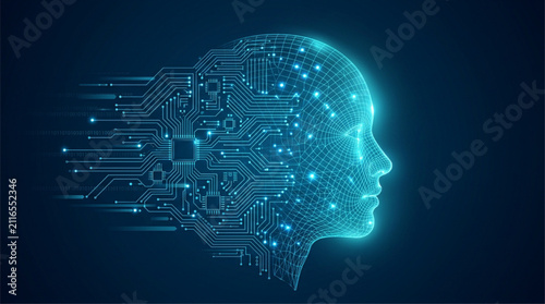 Bild auf Leinwand Artificial Intelligence Human Profile Mesh Merging into Microchip Circuit Board
