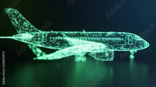 Digital airplane structure glowing with luminous particles and network data lines. Modern aircraft model represents aviation technology, air travel, transport, and innovation for the future airline