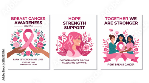 Breast Cancer Awareness Month Campaign with Pink Ribbons Flowers and Diverse Women Supporting Each Other on transparent background