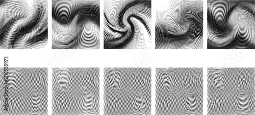 Abstract swirl liquid noise texture swatches set with distorted dithered wave lines vector background graphics collection