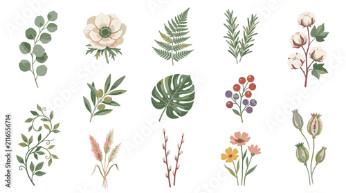 Watercolor Botanical Illustration Collection of Leaves and Flowers.