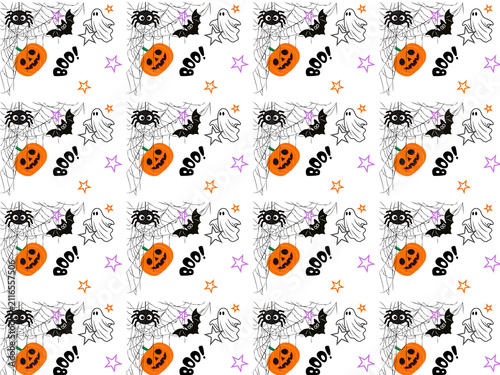 Obraz na płótnie Seamless halloween pattern design with pumpkins spiders bats ghosts and stars on transparent background