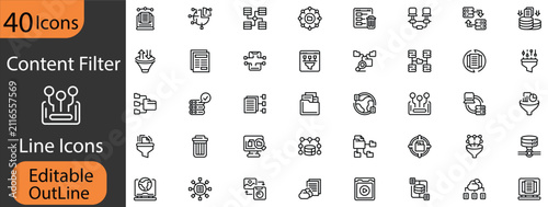 Obraz na plátne Content Filtering Outline Icon Pack including search options, blocked content, safe mode, category filter, approval, moderation tools, and editable stroke icons for interface and software projects
