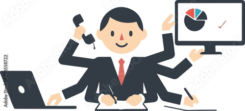 A professional businessman with many arms multitasking at his office desk while handling phone calls and managing data analysis tasks