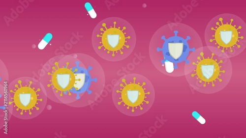 Antibiotic resistant bacteria float in bloodstream with pill and drug resistance shield bubble