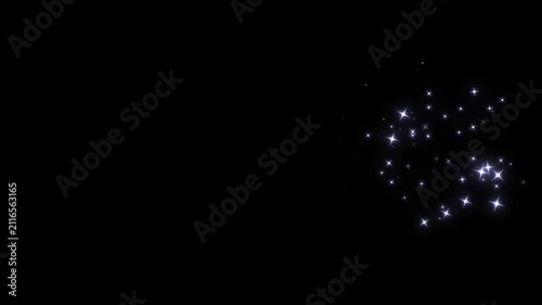White glitter starburst animation, sparkling fairy dust trail, glowing white particle explosion overlay on, black screen background, seamless 4k motion graphics, luxury visual effects loop