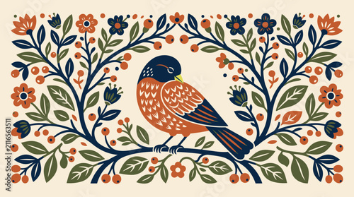 Obraz na plátně Folk art vector illustration of a songbird perched on a branch surrounded by a s