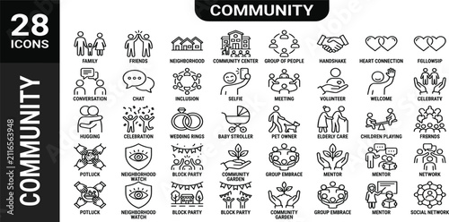 Modern Community web icons in line style. People, family, friendship, community, neighborhood, inclusion. Editable stroke. Vector illustration.