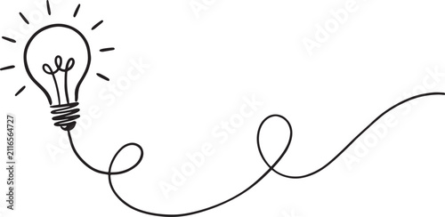 Hand drawn doodle of a glowing light bulb with a long winding cord on a white background