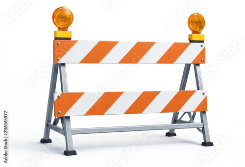 Orange and white construction barricade with warning lights isolated on white background.